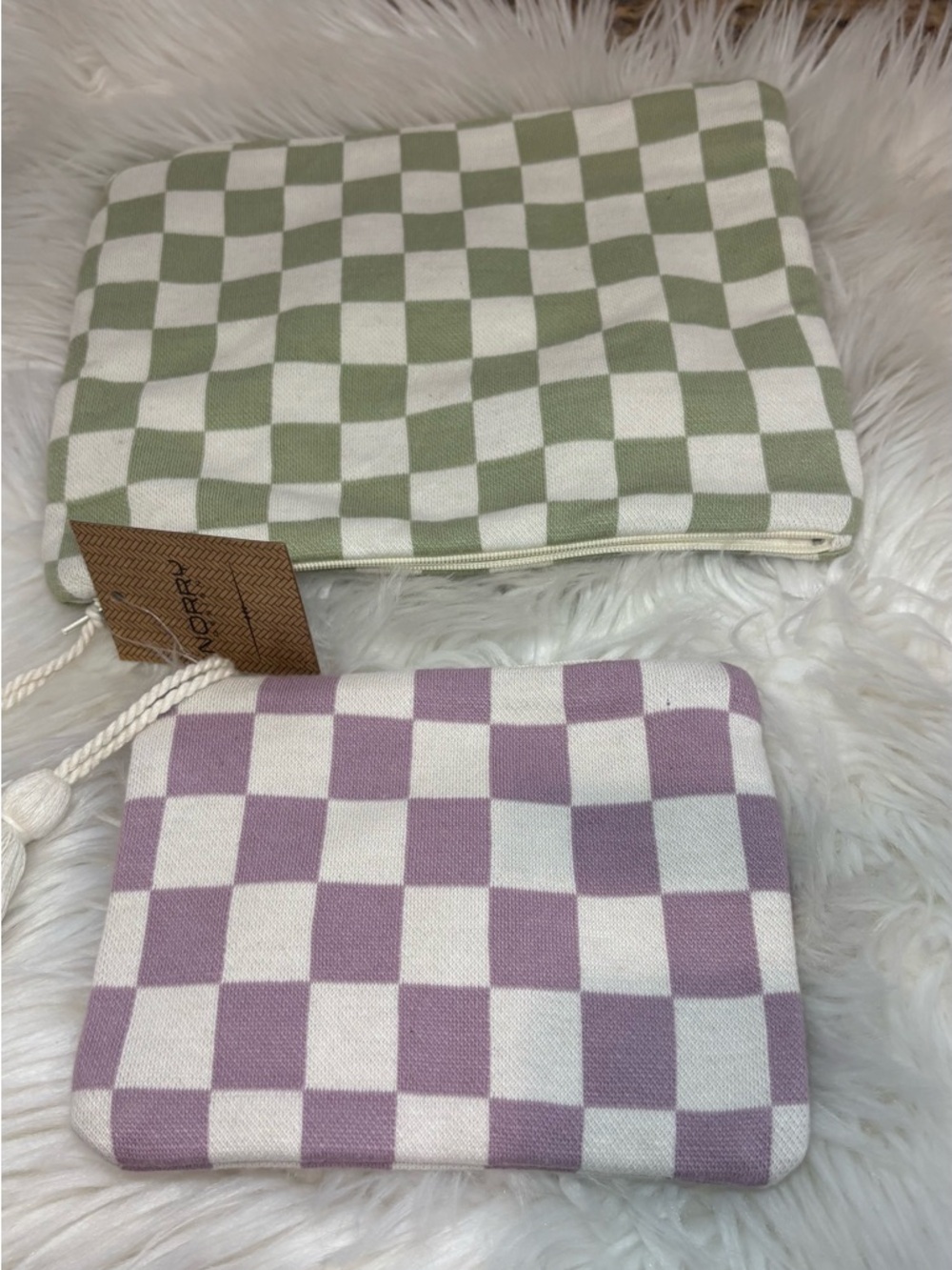Checkered Cosmetic Pouch Set in Sage Green & Lavender Indian Artisans Unique - Picture 5 of 15